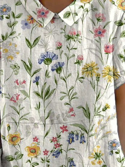 Camila - Dames casual katoenen linnen overhemd met retro bloemenprint